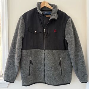 Polo Ralph Lauren Wind-Blocking Black and Gray Hybrid Sherpa Jacket Red Pony